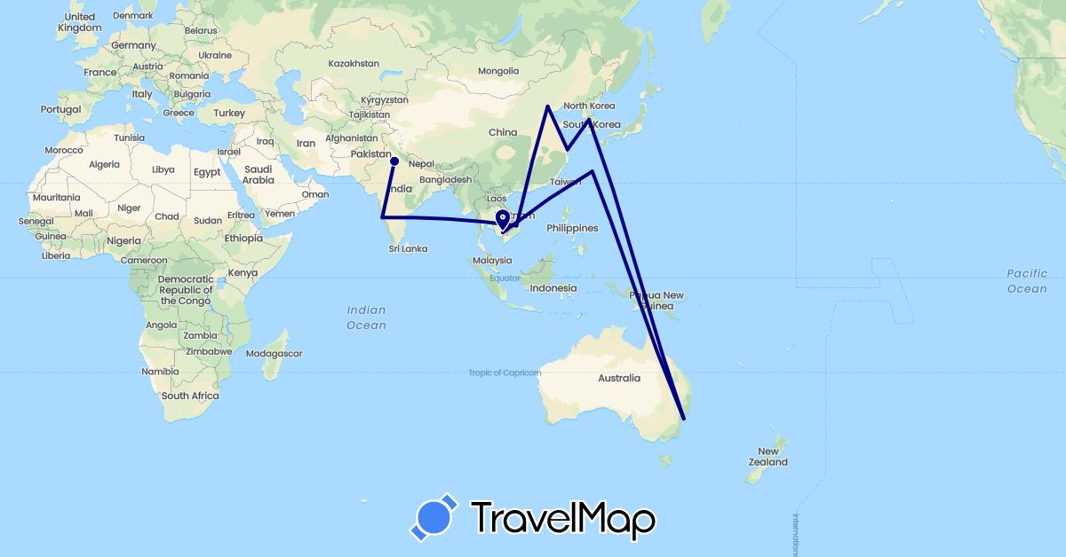 TravelMap itinerary: driving in Australia, China, India, Japan, Cambodia, South Korea, Vietnam (Asia, Oceania)